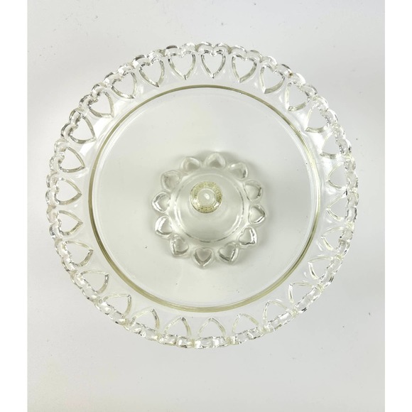 Vintage Clear Glass Footed Cake Pedestal Open Lace Heart Shaped Cut Outs - Picture 6 of 9